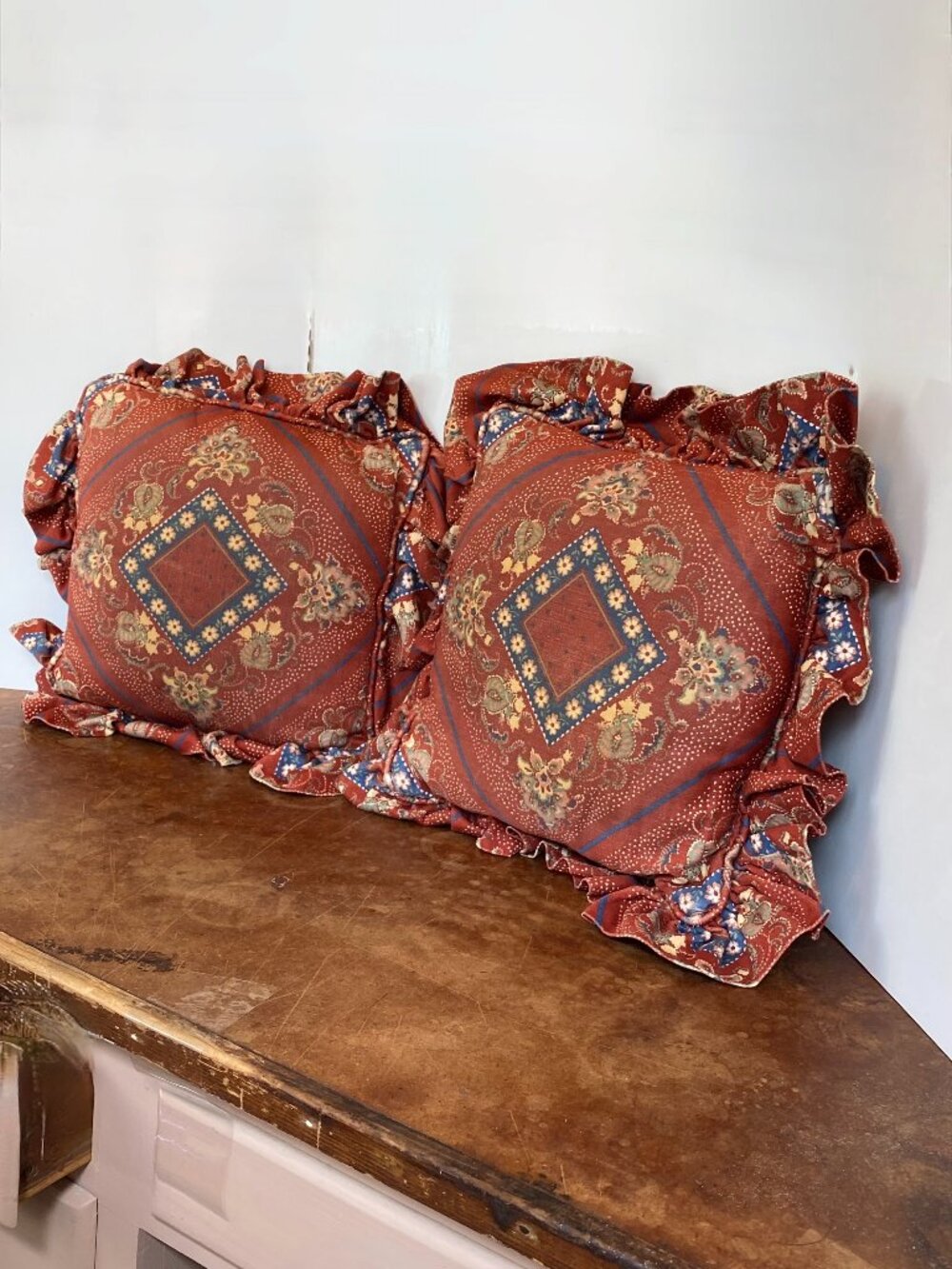 80s (2) TWO Vintage Square Throw Pillows Rust Red Floral Paisley Ruffles Cottage